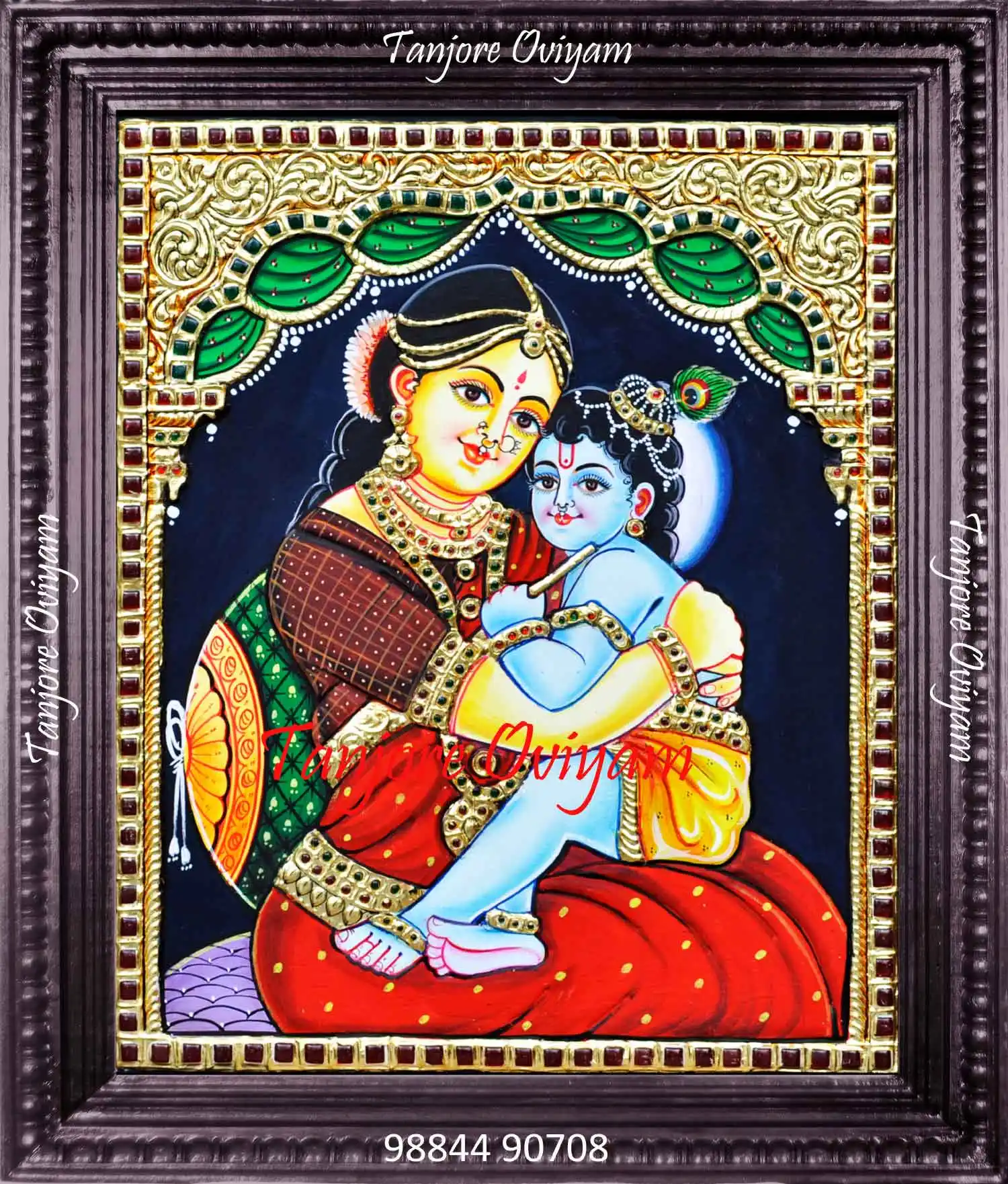 Krishna Yashodha Tanjore painting showing mother Yashoda holding baby Krishna in traditional gold foil artwork
